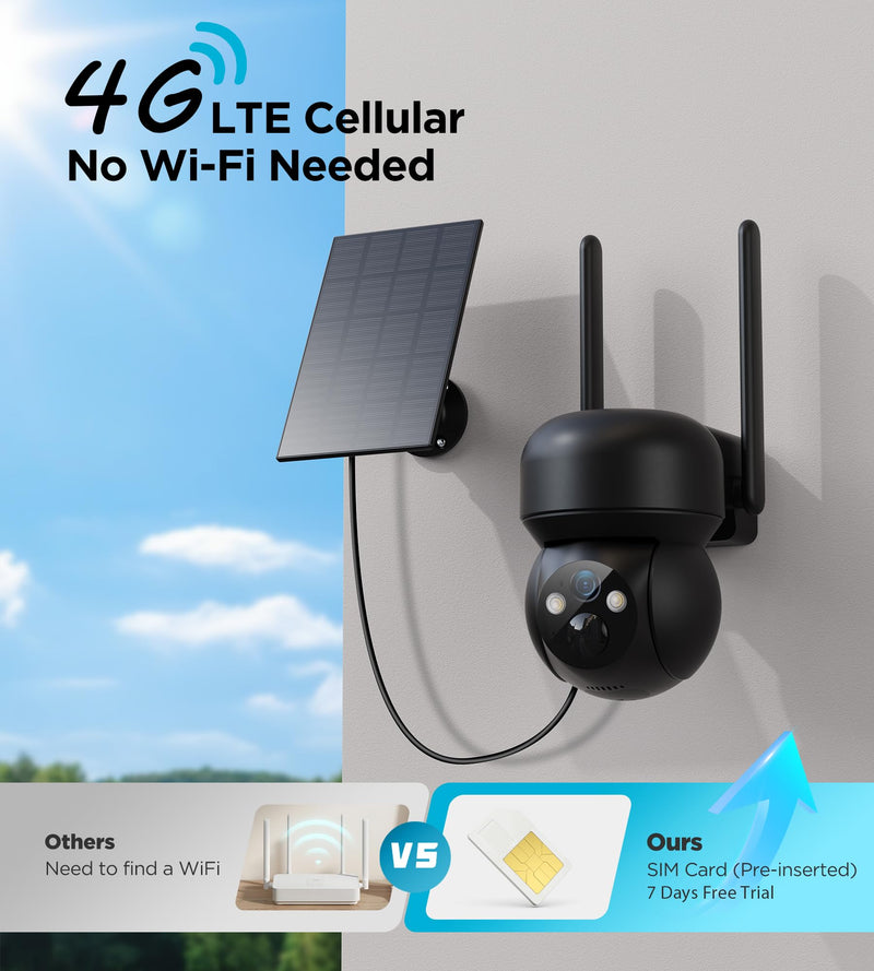 4G LTE Cellular Solar Security Camera Outdoor: No WiFi Solar Powered Security Camera Outdoor Built in SIM Card 2K Battery Wireless Cameras for Home Surveillance Outside 360° Live View Motion Detection 4G Camera - No WiFi