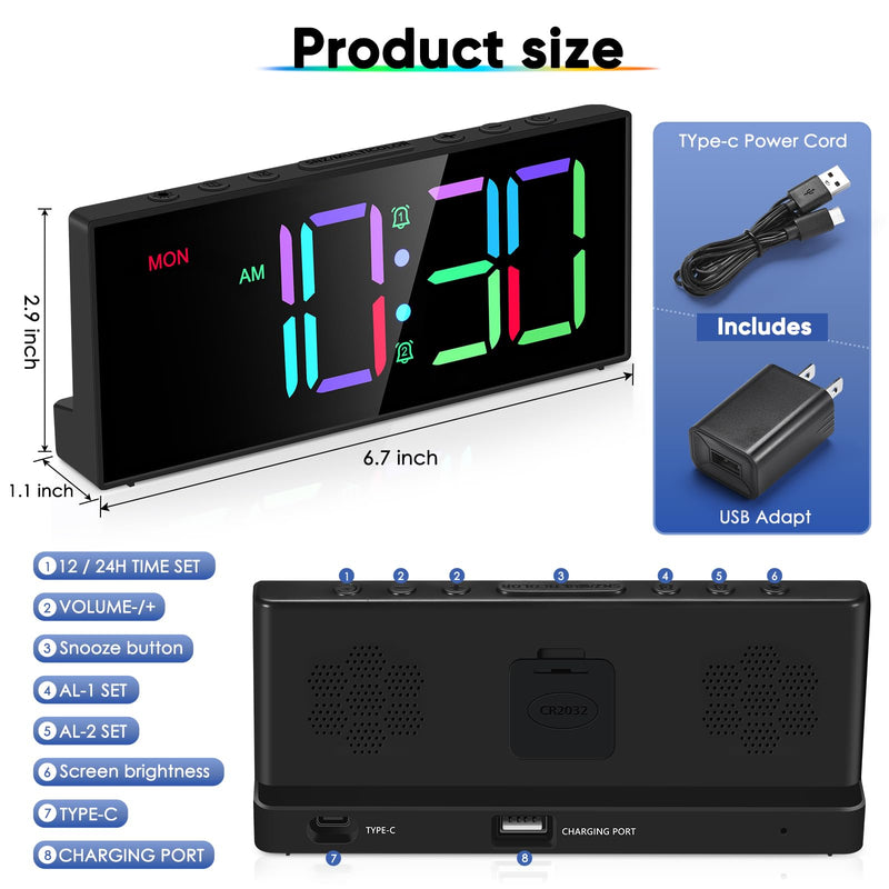 Loud Alarm Clock for Heavy Sleepers, Digital Clocks with Adjustable Volume Brightness,Snooze,Battery Backup, Large Numbers Display RGB Colorful Changing Clock for Bedrooms,Offce Living Rooms