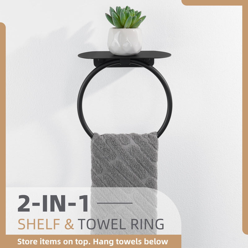 Aomasi Matte Black Bathroom Towel Ring with Shelf, Solid Stainless Steel Wall Mounted Towel Holder