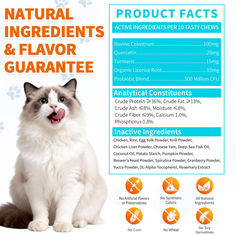 Cat Allergy Relief Treats, 500 Crunchy & Creamy Chews, Allergy Relief for Cats with Colostrum, Probiotics - Itchy Skin & Paw Licking, Immune Support, Seasonal Allergies - Chicken and Krill Flavor