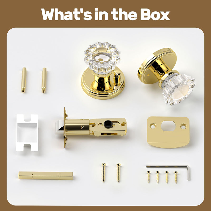 Glass Door Knobs Interior, Privacy Crystal Door Knobs with Lock for Bedroom Bathroom, Push Pin Button Inside Lock Polished Gold Privacy 1Pack