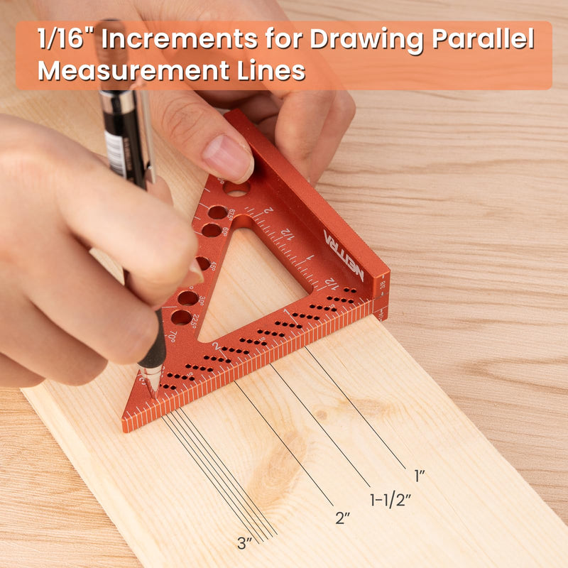 Neitra Small Square Ruler with Fixed Angle Pin, Accurate Compact Aluminum Alloy Mini Squares with Laser Etched Markings, Includes a Mechanical Pencil for Carpenter Woodworking Furniture Projects Orange 3.5 Inch