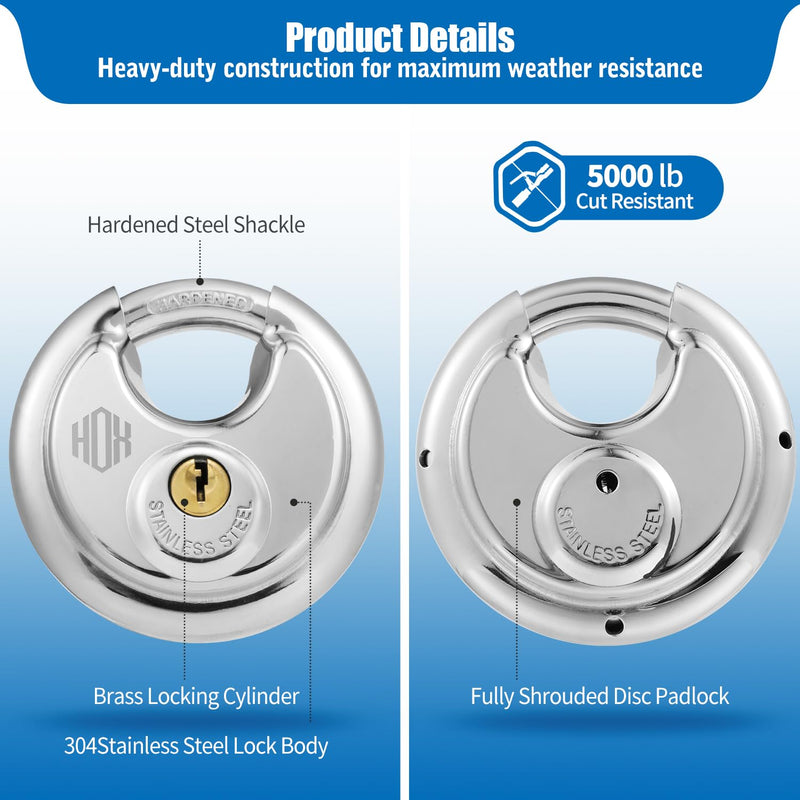 HOX Keyed Disc Padlock, Stainless Steel Keyed-Alike Padlocks, 4-Pack Heavy Duty Locks, Waterproof Outdoors Lock with 3/8 Inch Shackle, 2-3/4 Inch Wide Body, for Hasp Latch, Fences, Storage Locker DP-4P