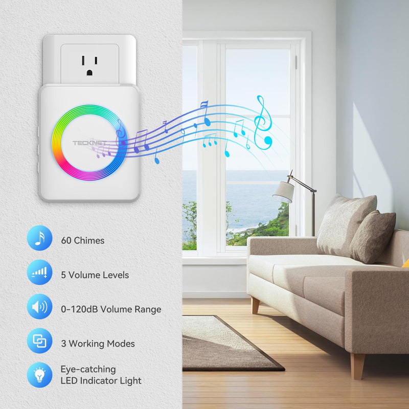 TECKNET Wireless Doorbell, 0-120dB Door Bell, 1300 ft Wireless Range, IP65 Waterproof Classroom Doorbell, 60 Chimes & 5 Volume Levels, RGB Light for Hearing Impaired 1 button & 1 plug-in receiver White