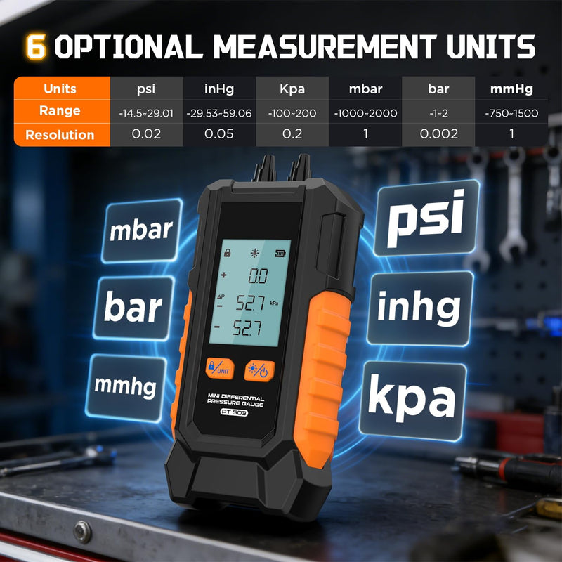 Manometer Gas Pressure Tester, Dual-Port HVAC Digital Differential Pressure Gauge with 6 Switchable Units, Large Backlit LCD, Data Hold Function, 7 Adapters, -101 to 200 kPa Range