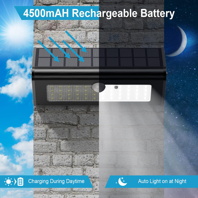 SECUROAD 1100 Lumens Solar Motion Sensor Lights Outdoor, IP65 Waterproof, 4500mAh Battery, Black Aluminum Metal Security Flood Wall Lights, 1 Pack, Daylight Black Aluminum Daylight