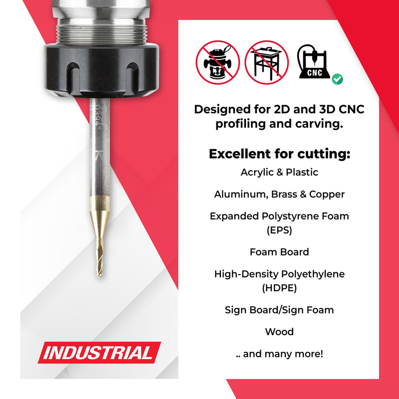 Amana Tool CNC 2D 3D Carving Angle Ball Tip Router Bit, ZrN Coated, 46471, 0.10 Deg, 1mm Dia x 0.50mm Rad x 3mm CH x 1/8 Shk x 1-1/2 Inch L x 3 Fl