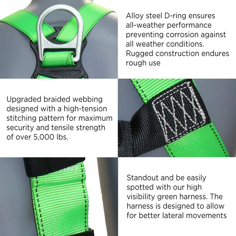 AFP Universal Full-Body Safety Harness w/Dorsal D-Ring Tongue Buckle Legs High-Viz Green, Shock Absorbing Lanyard (OSHA/ANSI) 1 Pack Harness + Single Leg Lanyard W/ Snap Hooks - NewNest Australia