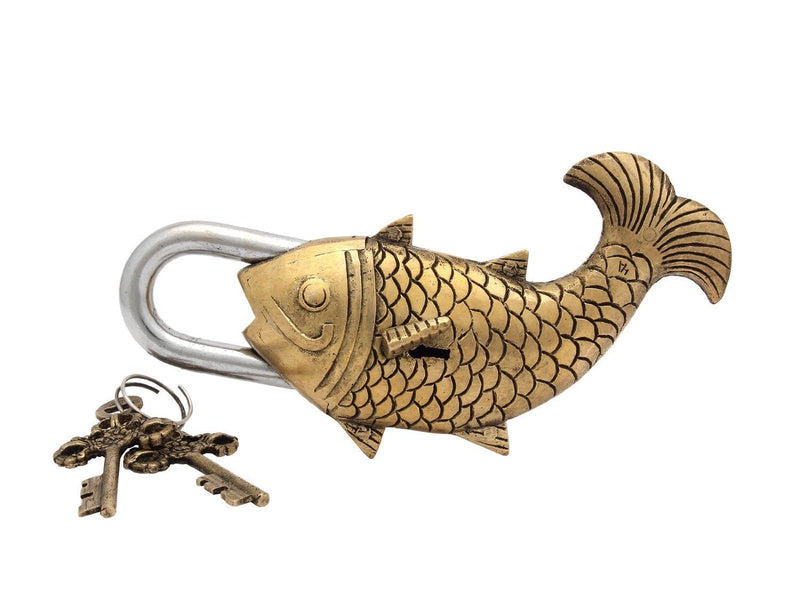 Purpledip Fish Shaped Antique Handcrafted Brass Padlock for Security,Big Sized (10277)
