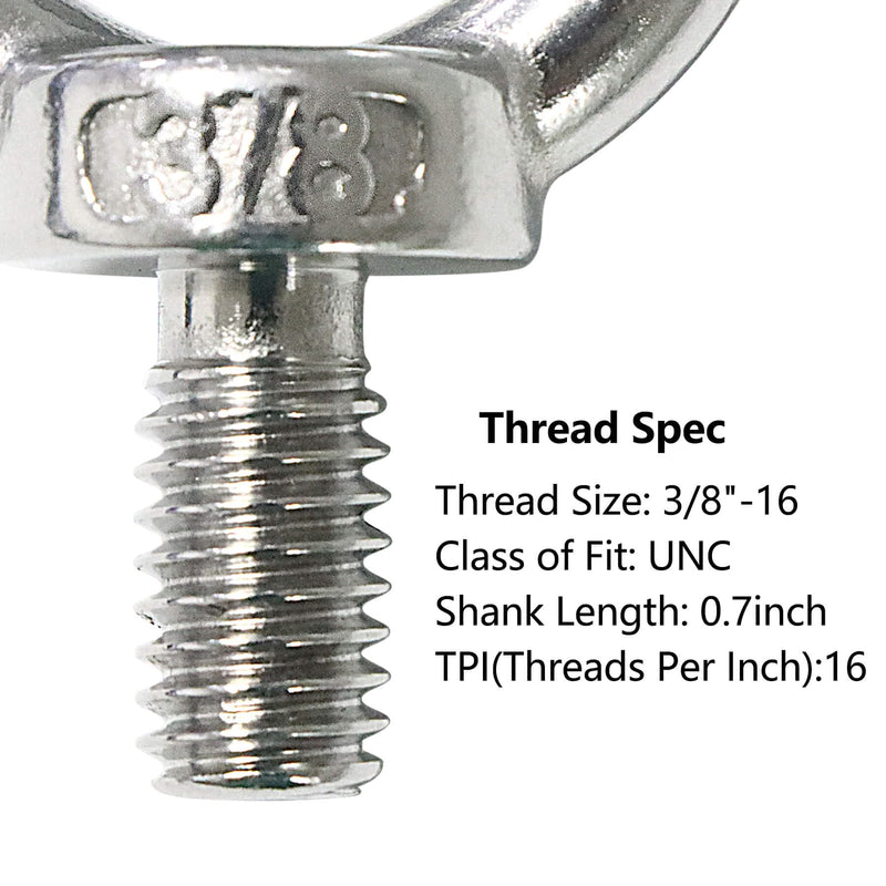 3/8" UNC Lifting Shoulder Eye Bolts, Marine Grade 316 Stainless Steel Threaded Nut Fastener, 4 Packs 3/8"-16X0.7"
