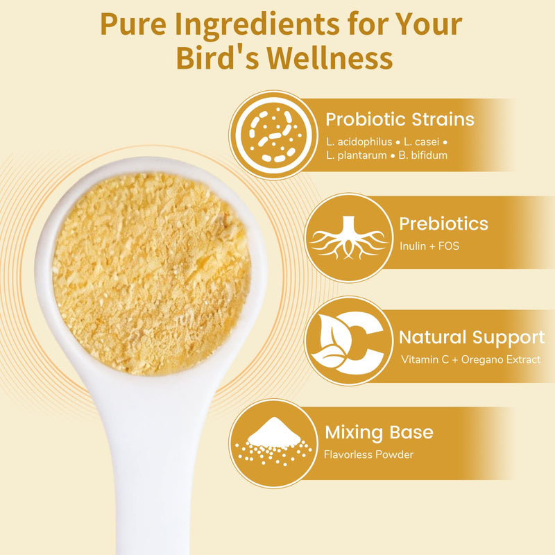 Bird Probiotic Powder for Gut Balance, Digestive & Immune Support – 10 Billion CFU Probiotic + Prebiotic with Vitamin C & Oregano – Molting & Stress Support for All Birds - Parakeet Parrot Cockatiel