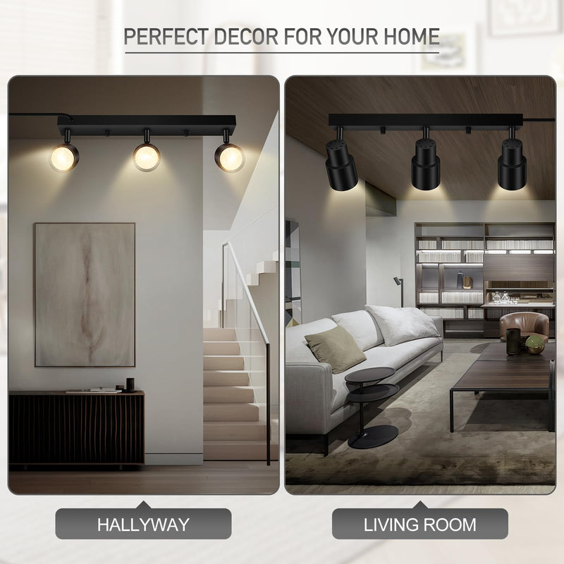 Plug-in Track Lighting LED, Track Light Fixtures Ceiling, Black 3-Light Track Lights for Kitchen, 3 Way Ceiling Spotlight, Rotatable Wall Mount Light Head for Bedroom Hallway, Bulb Not Included 3-Light Track Lighting(Black)