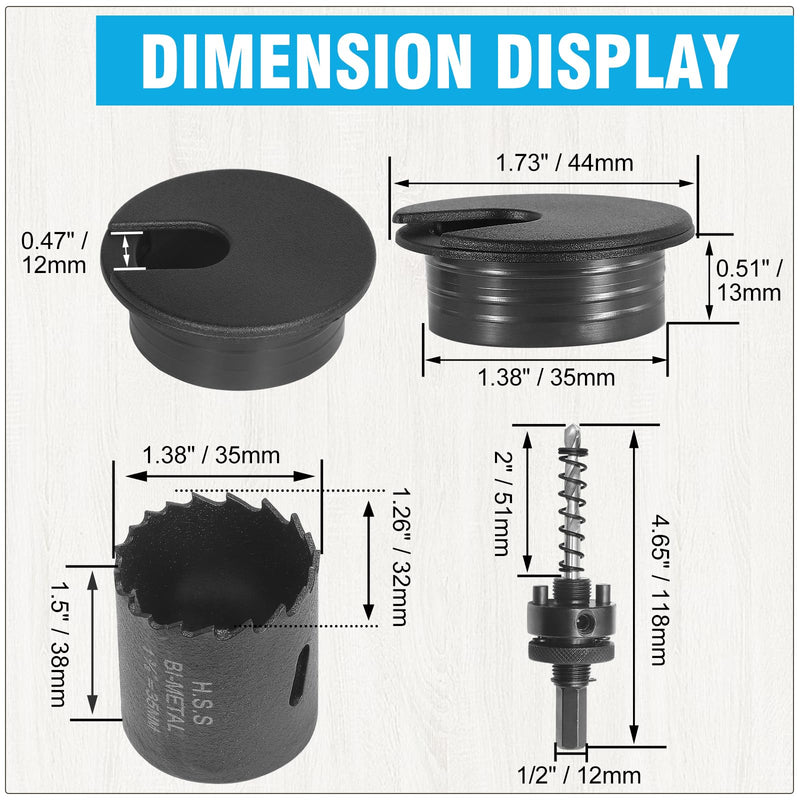 1-3/8" Black Desk Grommet with Bi-Metal Hole Saw, JTemgle Plastic Cable Hole Cover Computer Table Cord Wire Organizer Caps, Desktop Cord Management for Home Office TV Stands Tabletops, 7 Pieces 1-3/8" / 35mm