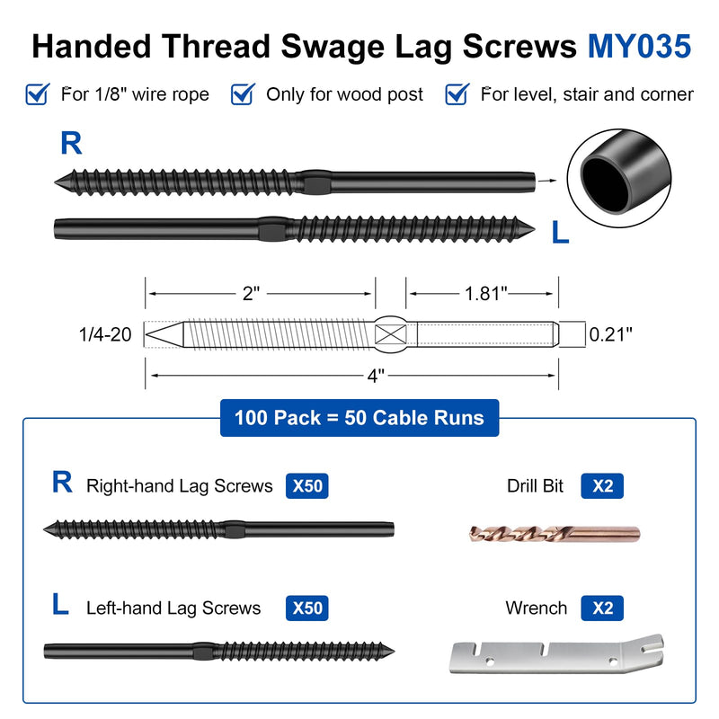 T316 Stainless Steel Swage Lag Screws for Cable Railing, 100 Pack | 1/8" Black Cable Railing Hardware Kit For Wood Posts, Right & Left Handed Thread, Includes Wrench, DIY Wood Baluster, MY035