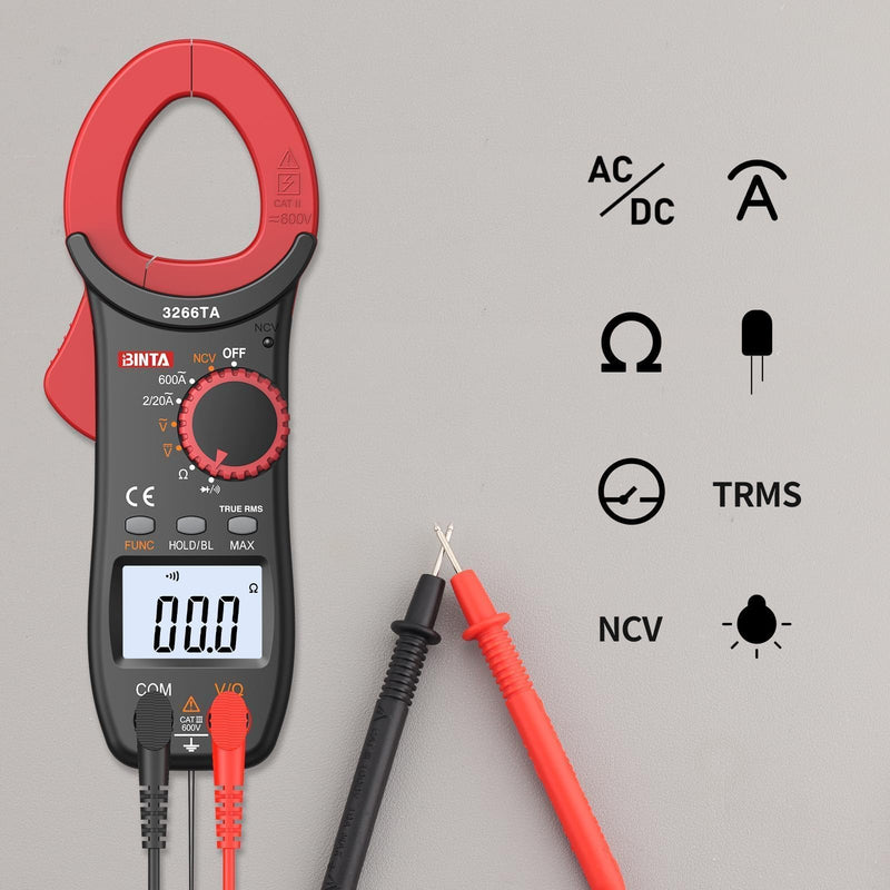 BINTA Digital Clamp Meter, 2000 Counts 600A AC Multimeter with NCV, TRMS Auto Range, 600V AC/DC Amp Voltage Tester with Ohm Measures, Capacitance Resistance Diodes, Non-Contact Voltage Detection