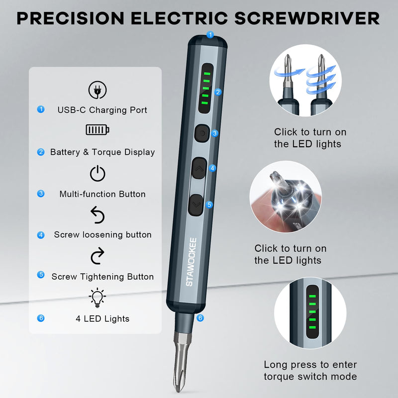 Mini Electric Screwdriver - Precision Electric Screwdriver Cordless, 68-in-1 Magnetic Drill Bit Set, 5 Torque Settings, Rechargeable Repair Tool Kit for PCs, Cameras, Wacthes and Electronics
