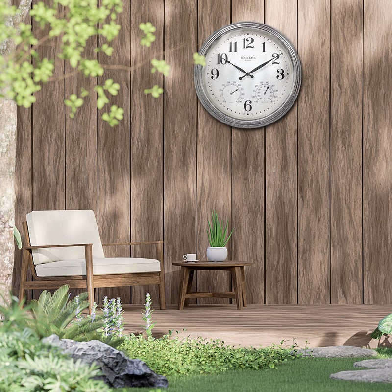 18 Inch Outdoor Clocks for Patio Large Waterproof with Thermometer, Large Wall Clock with Temperature and Humidity Combo,Weatherproof for Pool Decor,Galvanized Finish Galvanized 18 inch