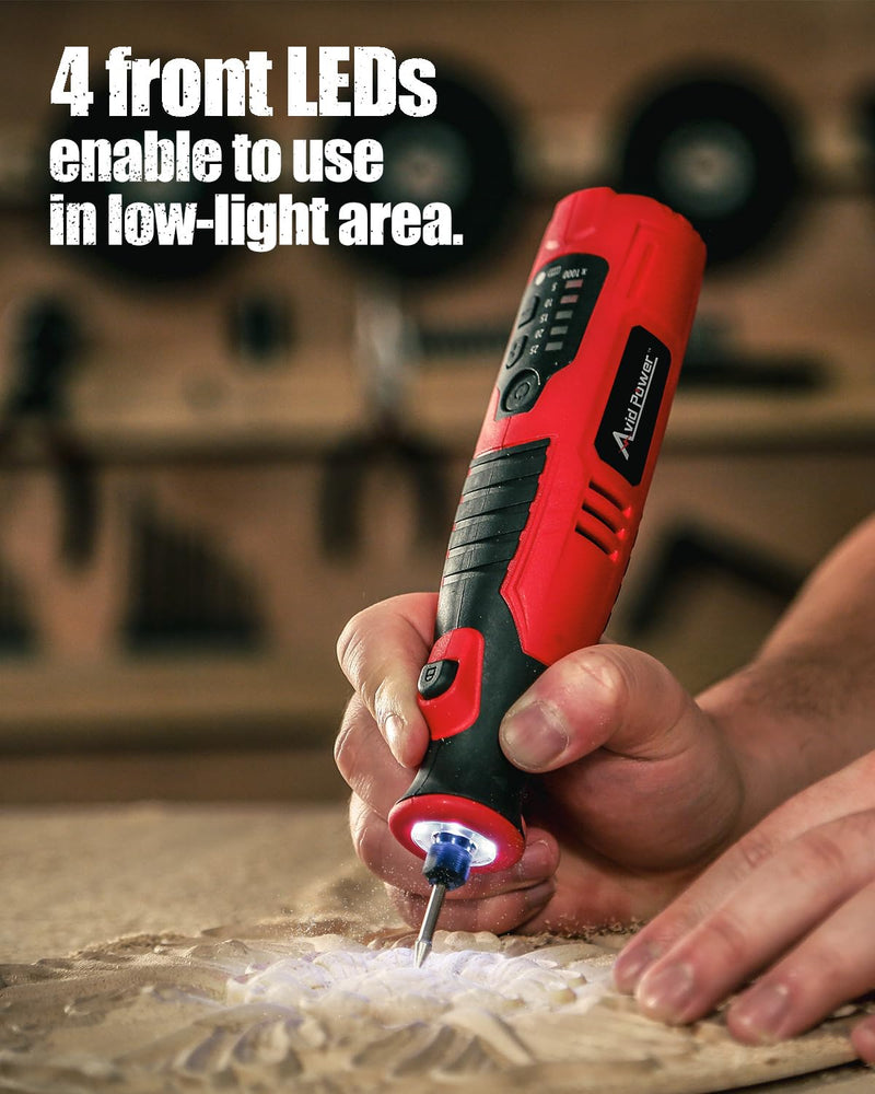 AVID POWER Cordless Rotary Tool 2.0 Ah 8V Rechargeable Rotary Tool, 4 Front LED Lights, 5 Speeds, 60 Pcs Rotary Tool Accessories with Bag for Carving, Engraving, Sanding, Polishing and Cutting - Red