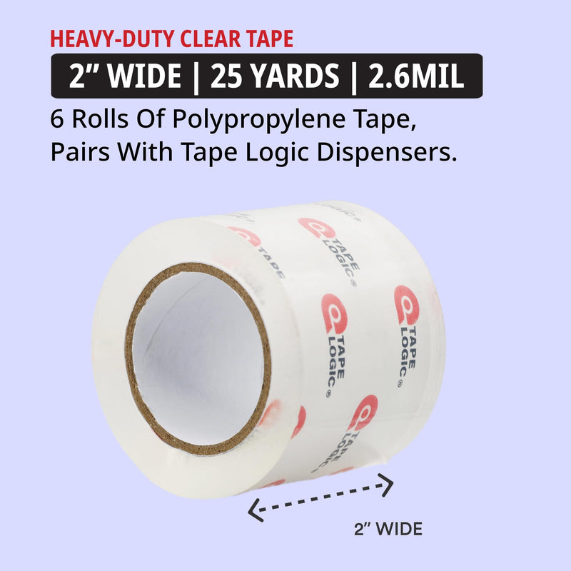Tape Logic Heavy Duty 2in x 25yd Clear Packaging Tape Dispenser Refills (6-Pack), Strong Clear Packing Tape Roll Ideal for Shipping & Moving Boxes Clear Tape 2in x 25yd (6 Rolls)