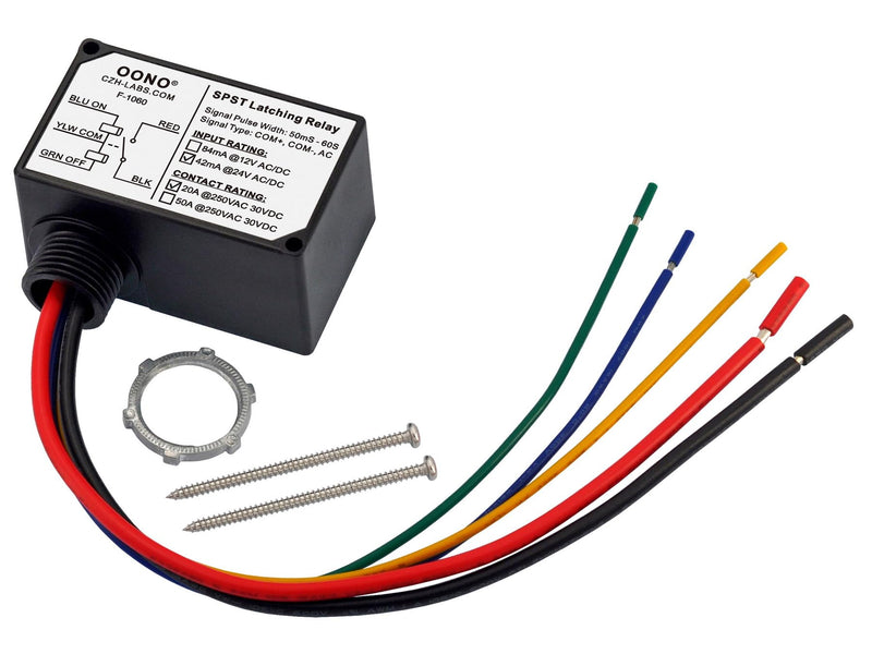 AC/DC 24V SPST 20Amp 250Vac/30Vdc Latching Relay Module, Plastic Enclosure Wired, OONO F-1060 AC/DC 24V