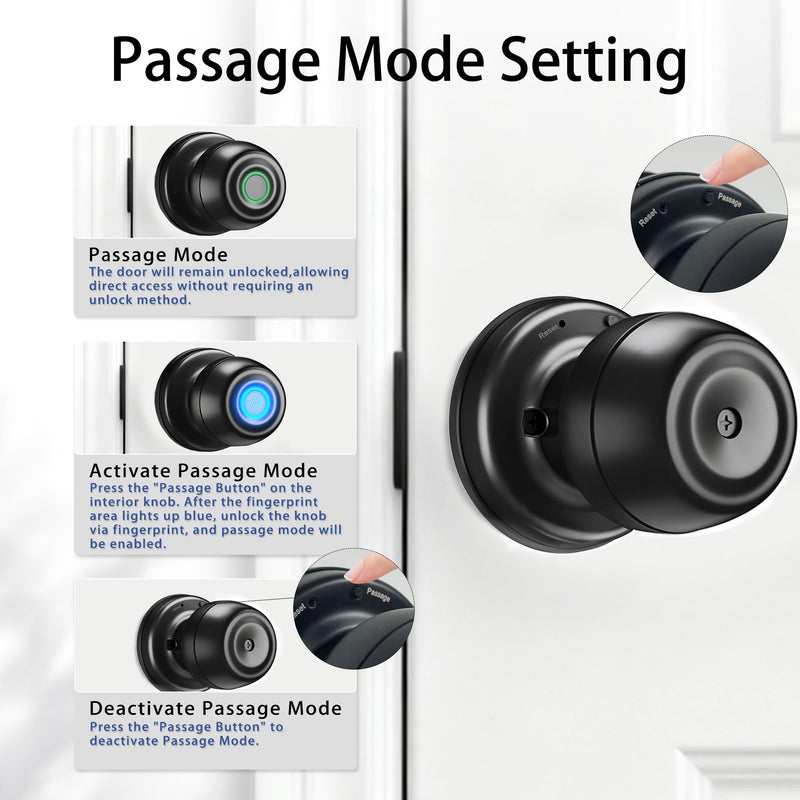 Smart Door Knob, Fingerprint Door Knob, Biometric Smart Door Lock with App Control, Metal Alloy Door Knobs, Easy Installation, Great for Bedrooms, Cloakroom, Apartments Offices, Hotel(Black) Black