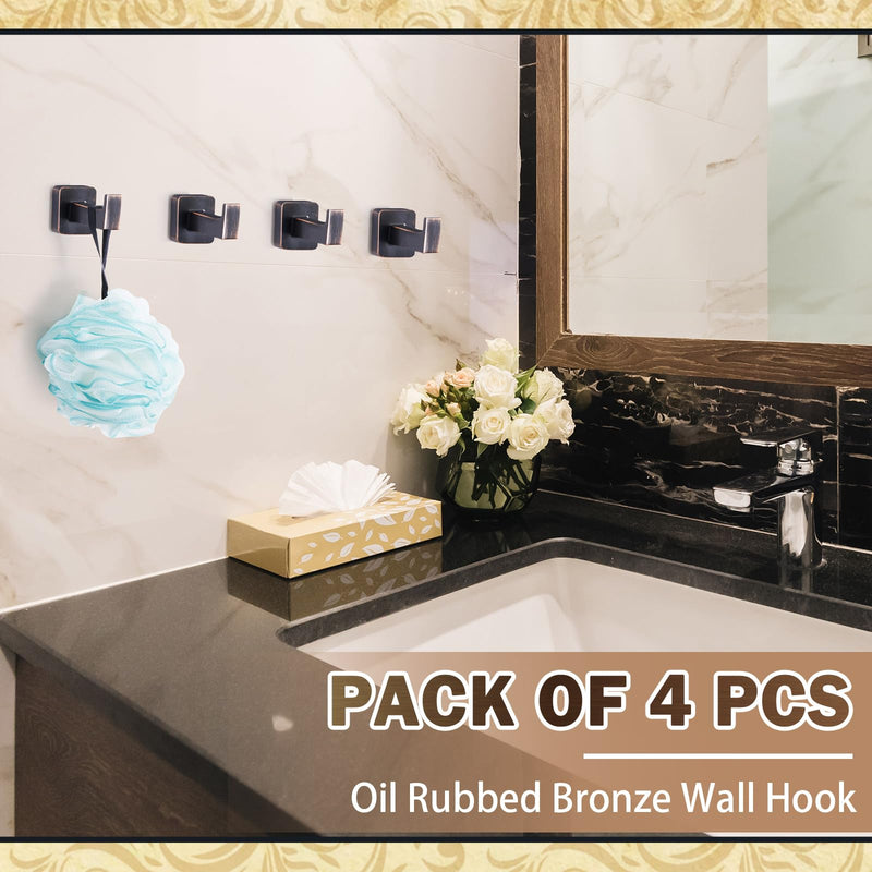 4 Pack Oil Rubbed Bronze Towel Hooks, Decorative Heavy Duty Towel Hooks for Hanging Bathroom Robe Holder Wall Mounted with Hardware