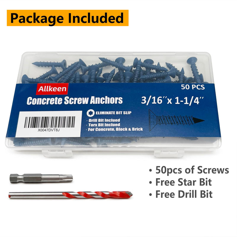 3/16" x 1-1/4" Concrete Screws, Anchoring to Masonry, Brick, Block, Cement or Stucco, 50PCS 3/16''x1-1/4'' 50