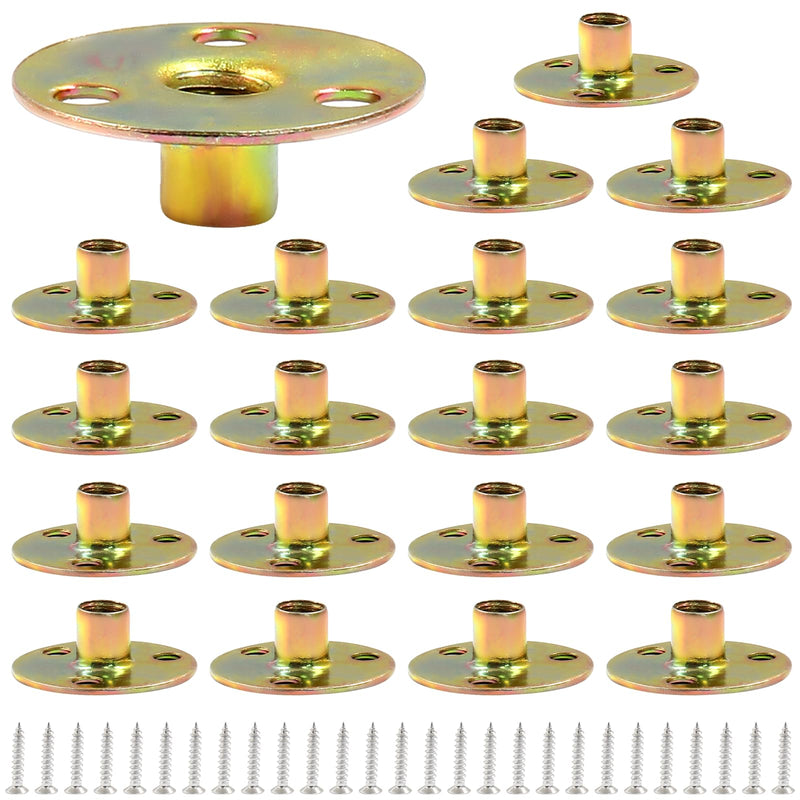 20 Pcs 1/4"-20 Brad Hole T Nut Carbon Steel Round Base Screw-in T-Nuts Furniture Hardware Flange Insert Female Thread with Screws 20