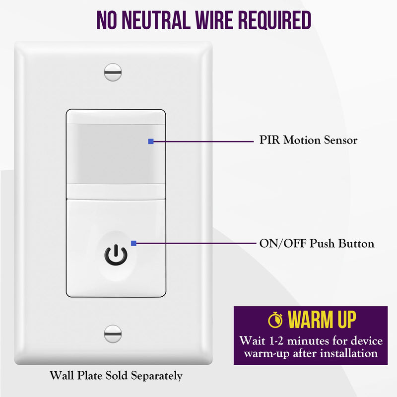 ENERLITES PIR Motion Occupancy Vacancy Motion Sensor Light Switch, 500W, 5A, Motion Sensor Night Light, Single-Pole, Smart LED Backlight, Neutral Not Required, Ground Required, HMOS-J-W, White Ground Wire Required