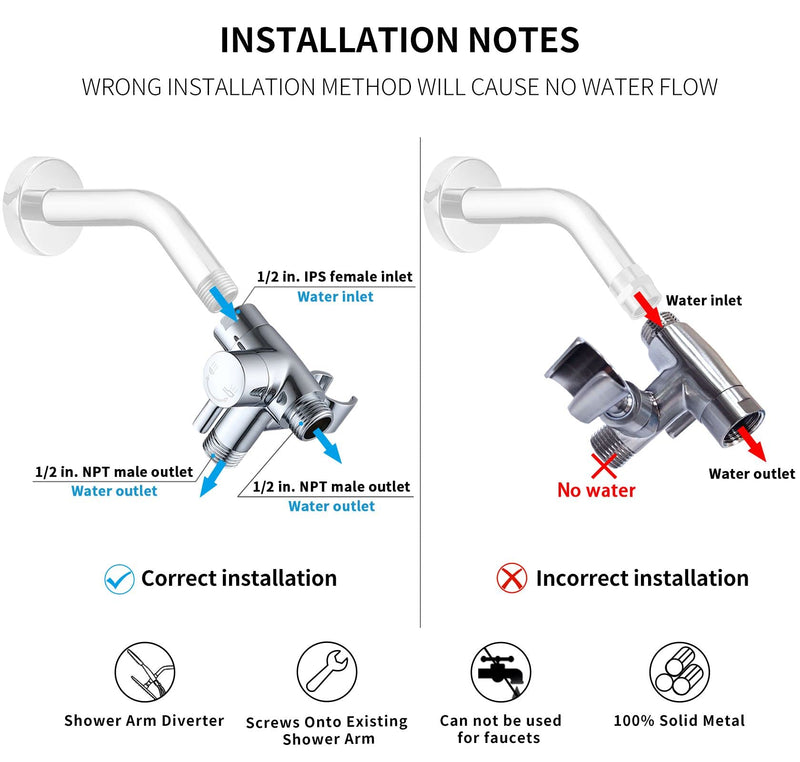 G-Promise Solid Metal Shower Arm Diverter with Holder for Hand Held Showerhead and Fixed Spray Head, G 1/2 3-Way Bathroom Universal Diverter System Replacement Part (Polished Chrome) Polished Chrome