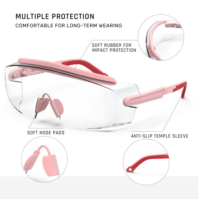 Anti Fog Safety Glasses Safety Goggles Over Glasses Protective Glasses with Anti Scratch Lenses Adjustable Pink