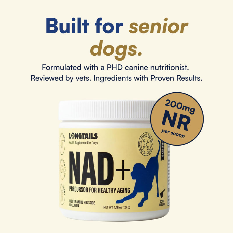 NAD+ Precursor Senior Dog Supplement - Cognitive & Longevity - NMN Alternative Powder with 200mg Nicotinamide Riboside (NR) and 1,500mg Hydrolyzed Collagen - Made in USA, 30 Scoops, Up to 60 Days