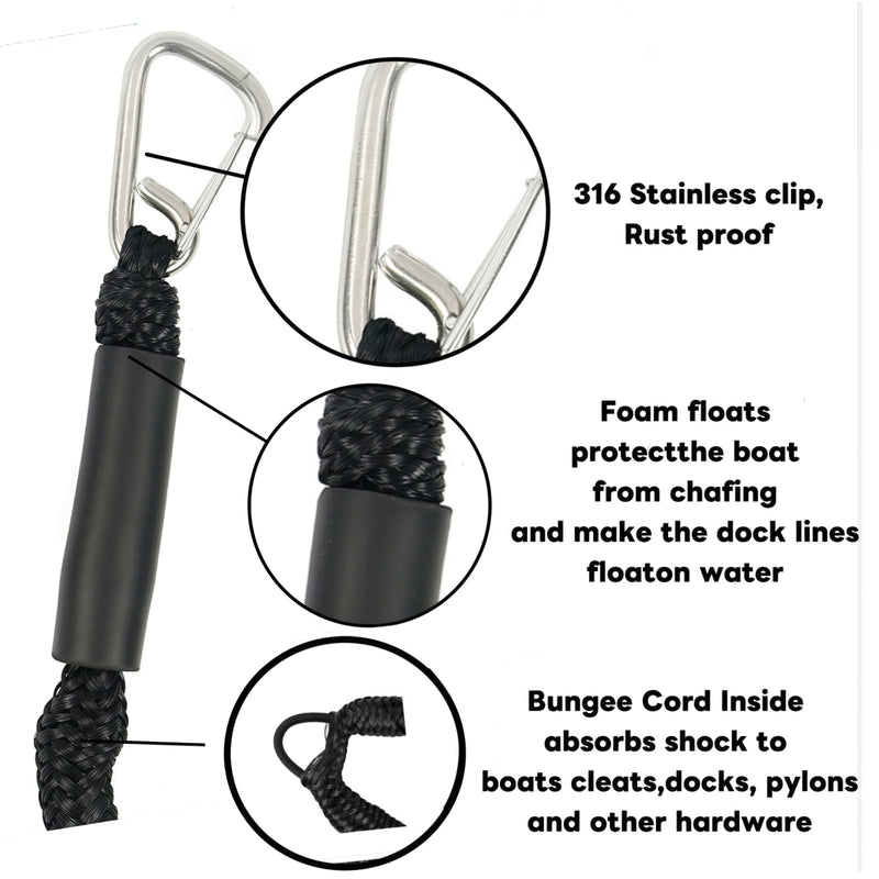 4 Feet Bungee Dock Line for Boats,Built-in Snubber,Dock Lines with Stainless Steel Clip,Boat Accessories Suitable for Kayak,Jet Ski,Pontoon, Canoe, Power Boat(Black Green/2 Pack) Black Green