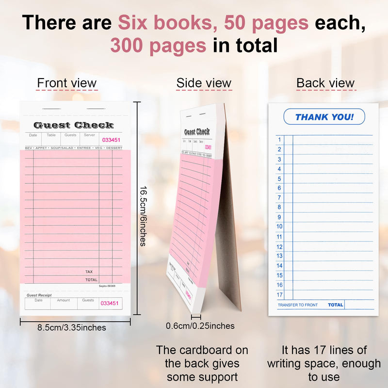6 Pack Server Note Pads, Guest Check Books for Servers, Guest Checks Notepad for Waiter Waitress Servers, Waitress Notepad for Restaurants Food Order, 50 Sheets/Pad, Pink Guest Check 6 Pack