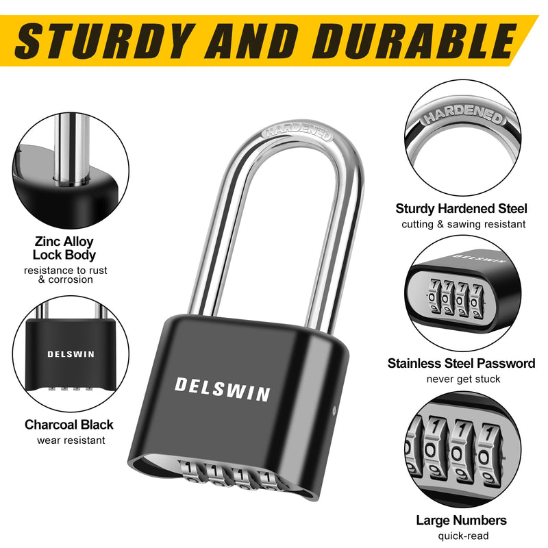 DELSWIN Combination Lock Outdoor Padlock - Weatherproof Extended 2-1/2 in. Long Shackle Combination Padlock for Gate, Shed, Trailers, and Sports Lockers(Black,2Pcs) Charcoal Black 2 Pieces