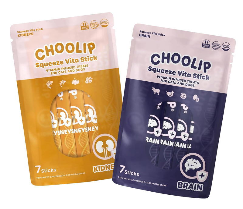 Choolip Bundle | Kidney + Brain Pouches. 14 Squeeze Vita Sticks (7 Kidney + 7 Brain) with Essential multivitamins. [Both Products are for Cats & Dogs of All Life Stages]