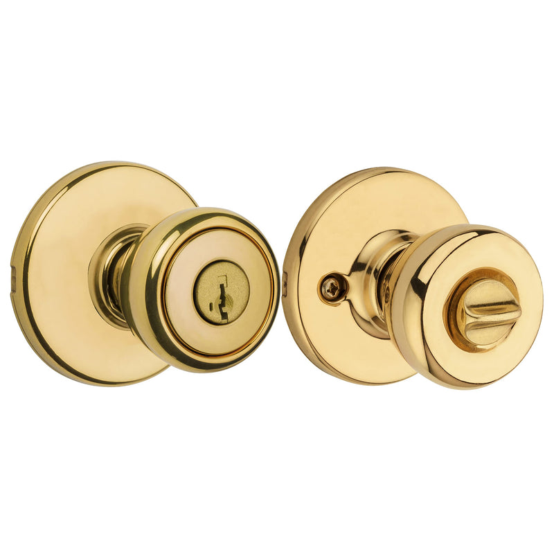 Kwikset Tylo Entry Door Knob with Lock and Key, Secure Keyed Handle Exterior Doorlock, Doorknob For Front Entrance and Bedrooms in Polished Brass