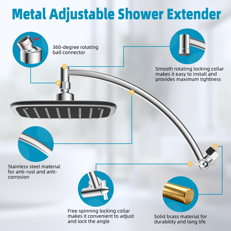 Rain Shower Head with 12" Shower Head Extension Arm, 10" High Pressure Boosting Rainfall/Fixed Showerhead, Metal Shower Head Extender Adjustable Height/Angle, 1-Min Installation, Easy Clean, Chrome Square 10"