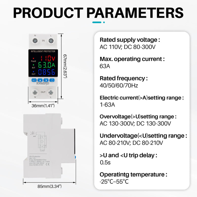 Adjustable Voltage Protector 110/230VAC 2P 63A Smart Breaker Adjustable Over Under Voltage Protection Three LED Display Voltage Current Electric Energy Intelligent Relays Reset Prote