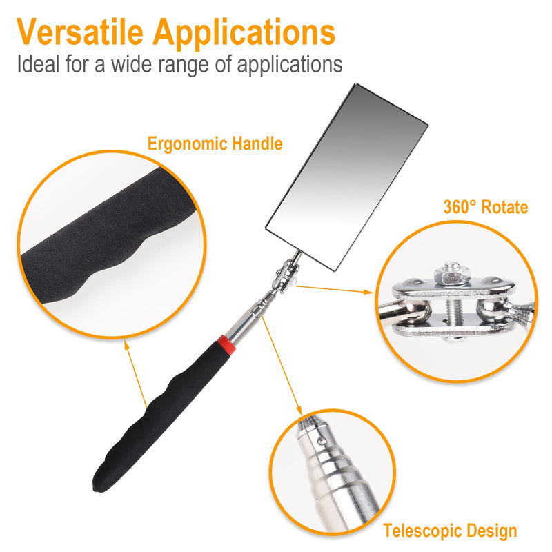 Telescoping Inspection Mirror 12-30 Inch Extendable Flexible Mirror Rectangle Extension Adjustable Retractable Mirror Mechanic Mirror Inspection Tool with Long Handle for Extra Viewing