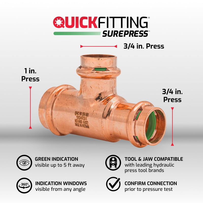 QuickFitting SurePress 1" x 3/4" x 3/4" Copper Press Tee 1 in. x 3/4 in. x 3/4 in.