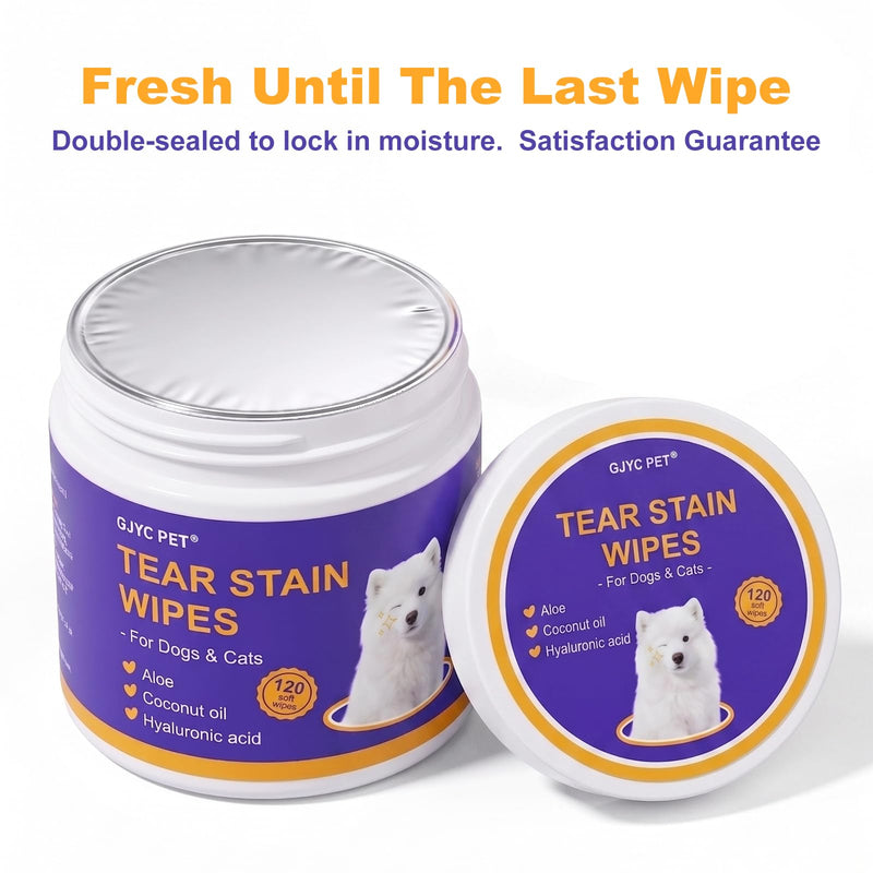 Tear Stain Remover Wipes for Dogs & Cats, Extra Thick Dog Eye Wipes with Coconut Oil, Probiotics & Aloe - Natural Pet Face Wipes for Stains, Odors & Folds - pH Balanced, 120 Count