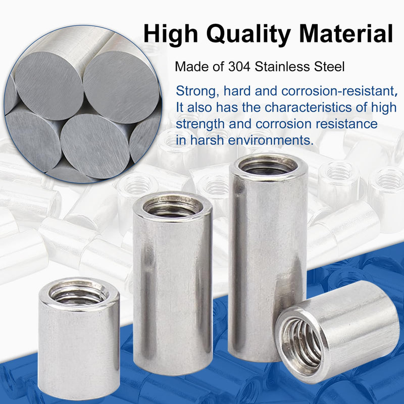 MroMax 10Pcs M4 Round Connector Nuts, 304 Stainless Steel Rod Coupling Nuts 10mm/0.39" Length Female Thread for Camera Pan, Lamp Bracket, Glass Folding Dining Table Silver M4 x 10mm x Φ8 10