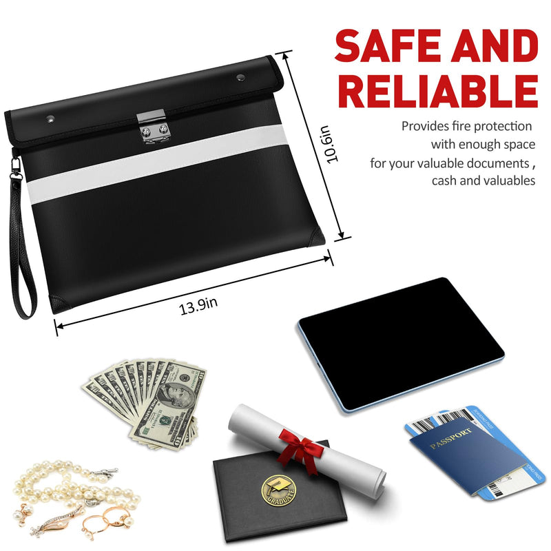 Fireproof Document Bag with Lock,6200°F Insulated (13.9"x10.6"),Lockable Fire Water Proof Money Pouch with Water Resistant Zipper,Safe Notary Bag with Lock,for Important Documents,Valuables (Black)