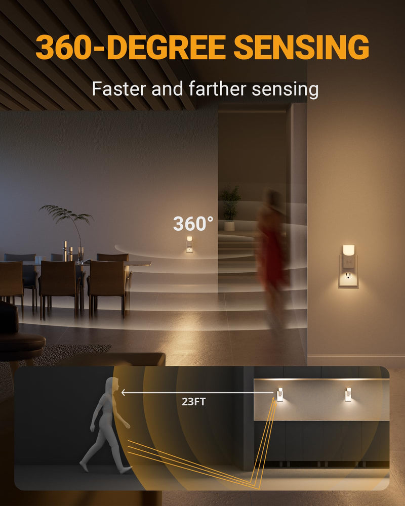 Lyridz LED Plug-in Night Light with 360° Motion Sensor, 1-150 Lumens Dimmable Nightlights Indoor for Bathroom, Bedroom, Hallway, Stairs, Pet House, 2 Pack