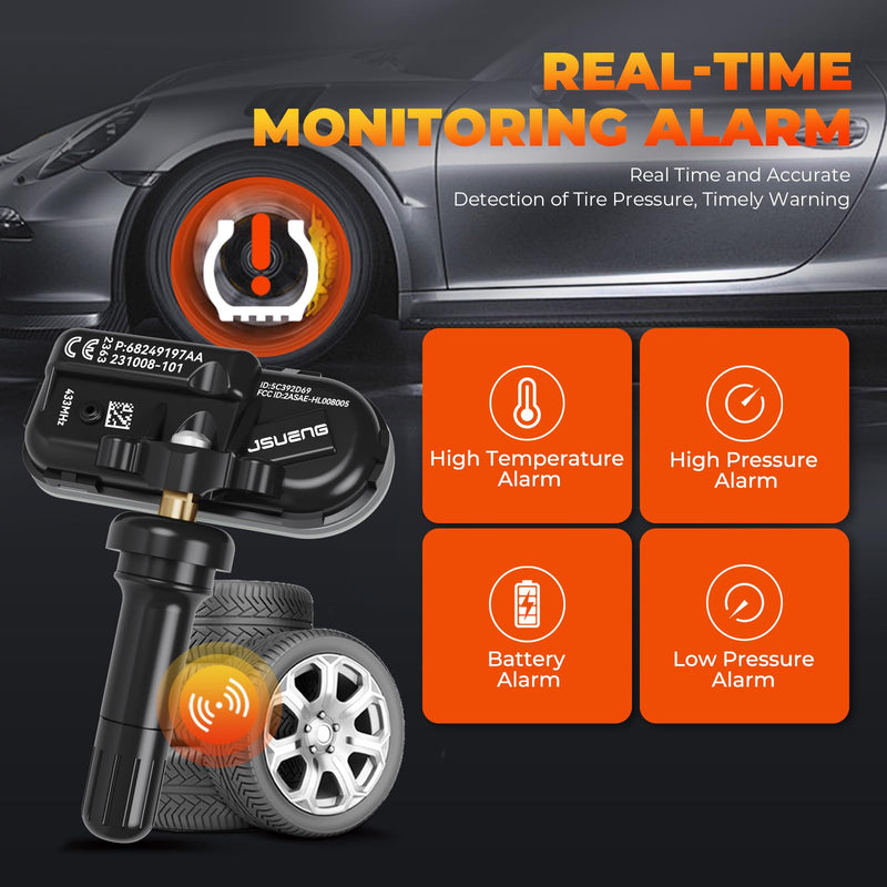TPMS Sensor, 4-Pack Tire Pressure Monitoring Sensor Compatible with Dodge RAM 1500 2500 3500 4500, Jeep Cherokee Replaces 68249197AA 68157568AA 433mhz 4 PCS