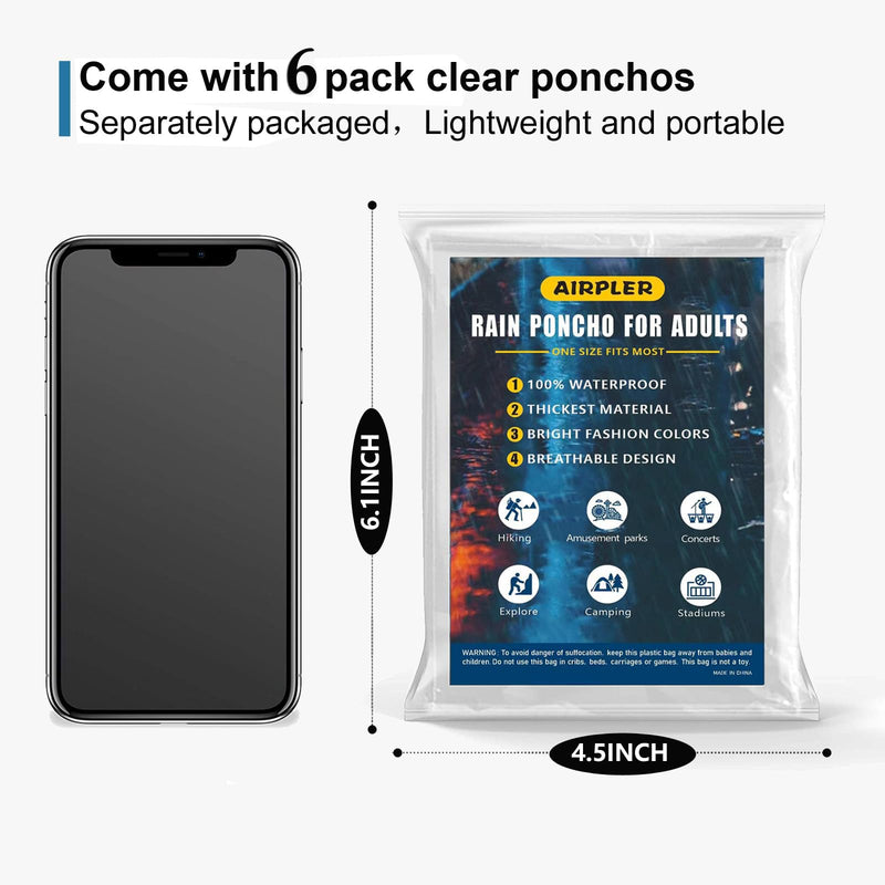 Rain Ponchos for Family Adults Clear - Disposable Rain Poncho for Women and Men with Drawstring Hood One Size 6