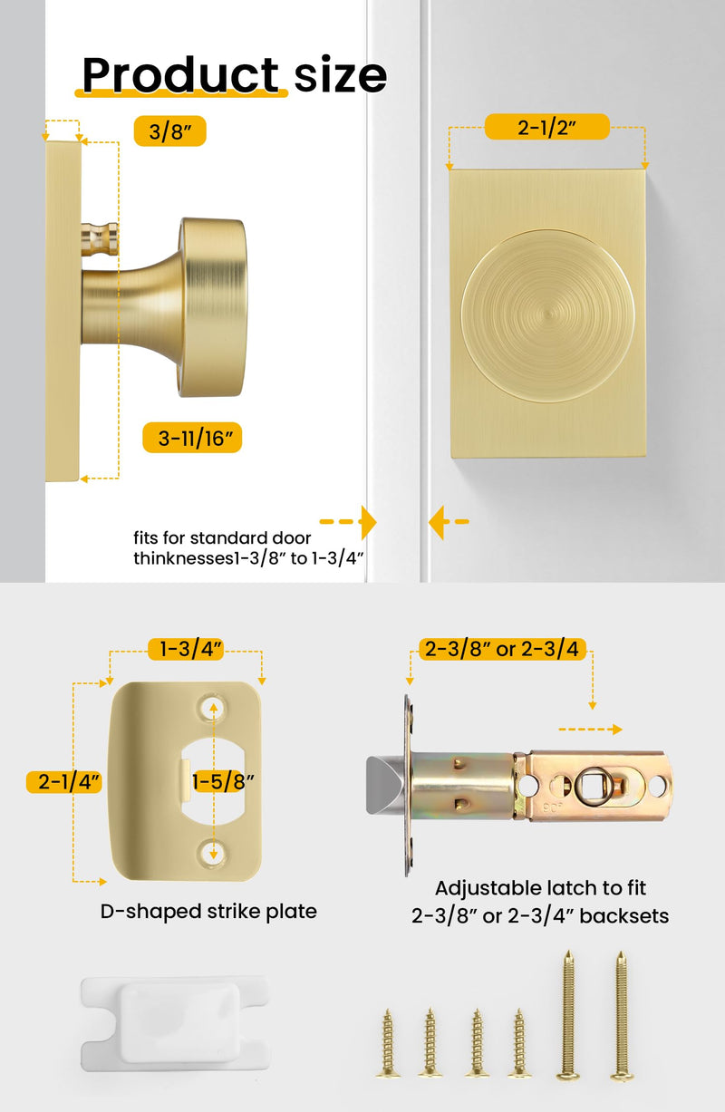 goldenwarm Gold Door Knob Interior, Heavy Duty Brushed Gold Interior Door Knobs for Bedroom Bathroom, Round Privacy Door Knob, Zinc-Alloy Rectangle Rosette Indoor Doorknob (1 Pack) 1 Pack