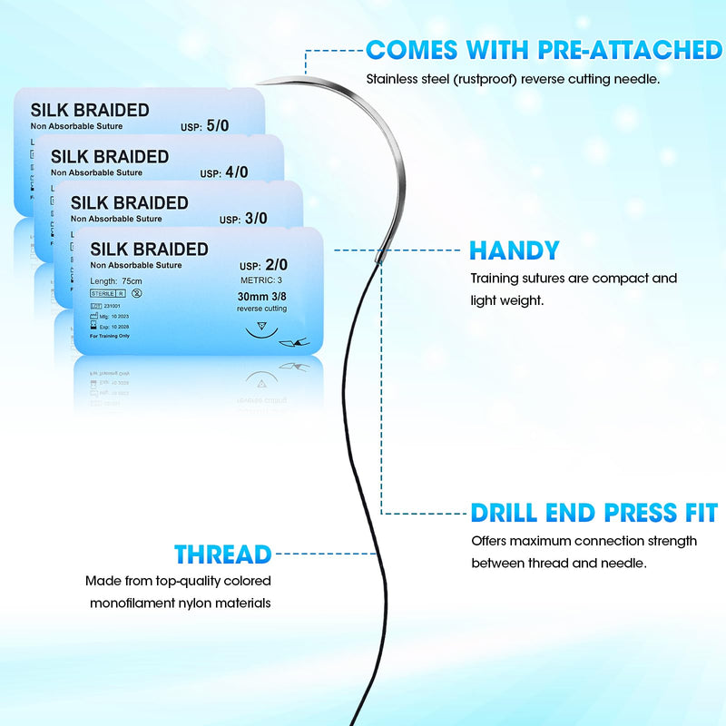 Sutures Practice Thread with Needle - 24 Mixed (2/0, 3/0, 4/0, 5/0) Suture Kit, Silk Braided Suturing Practicing for Students Training Only Silk 24 Mixed(2/0, 3/0, 4/0, 5/0)