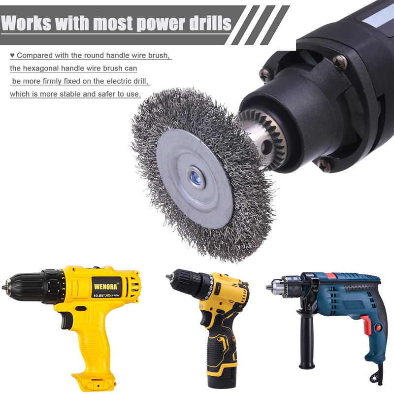 6 Pack Wire Wheel Brush for Drill, WENORA Wire Brush for Drill 1/4 Inch Hex Shank, Coarse Carbon Steel Crimped Wire Wheel Drill for Cleaning Rust, Wire Brush Drill Attachments 6 Pcs wire wheel
